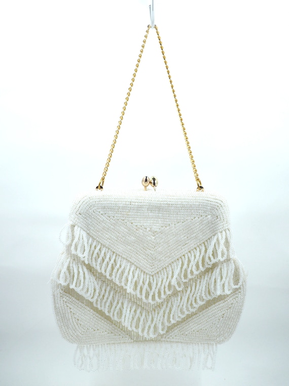 Vtg Japan IVORY White Hand Beaded/Unique Loop FRI… - image 1