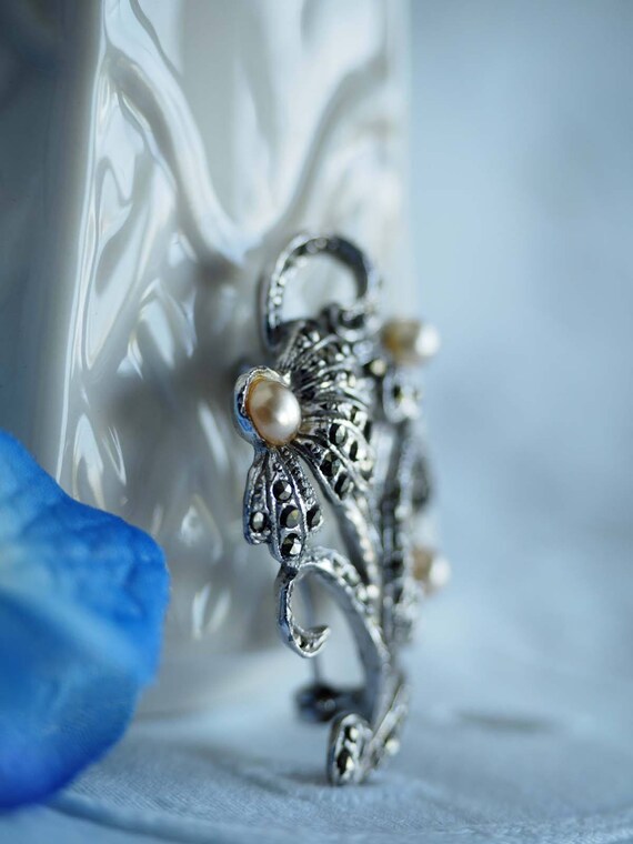 Sweet Champagne Pearl & Marcasite Flower Spray/Bo… - image 3