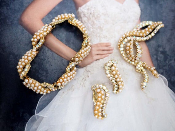 RARE Kramer NY Seed Pearl Parure w/Clear AB Rhines