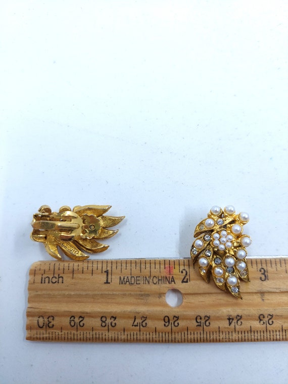 Lovely FLORENZA Pearl+Clear Rhinestone Gold Earri… - image 10