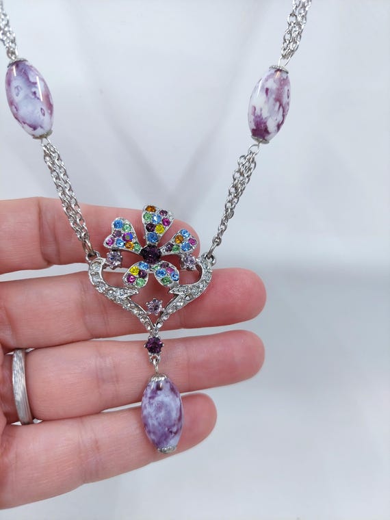 Vintage Rhinestone Flower Necklace: Purple Stone … - image 8