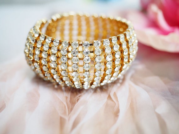 Stylish Wide Crystal Rhinestone Gold Bracelet vintage - Etsy