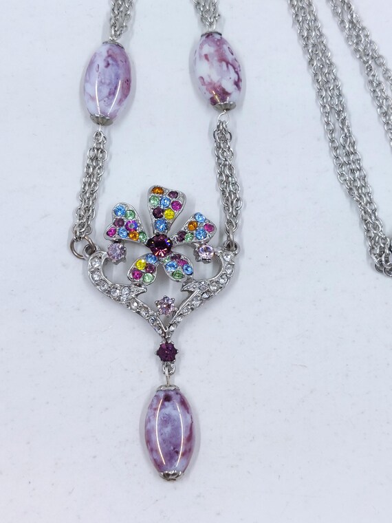 Vintage Rhinestone Flower Necklace: Purple Stone … - image 2