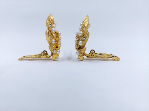 Lovely FLORENZA Pearl+Clear Rhinestone Gold Earri… - image 8