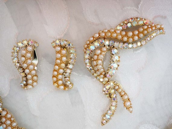 RARE Kramer NY Seed Pearl Parure w/Clear AB Rhine… - image 3