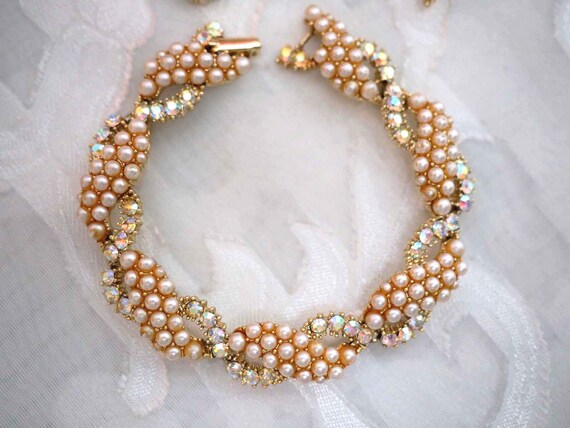 RARE Kramer NY Seed Pearl Parure w/Clear AB Rhine… - image 4