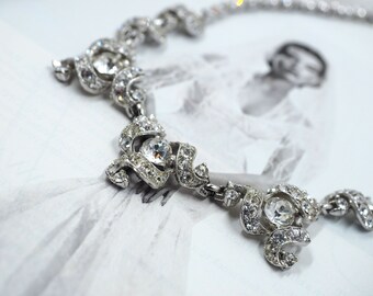 Elegant BOGOFF Ribbon Necklace-Sparkling Clear Crystal Rhinestones  (Ribbon Swirl Design/Choker) Rhodium Silver- Wedding/Prom/Formal -EXCEL!