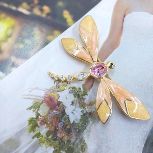 May include: A gold-toned dragonfly brooch featuring four wings with peach and yellow enamel inlay. The body is accented with a central oval pink crystal, a marquise-cut clear crystal, and a series of small round clear crystals along the tail.