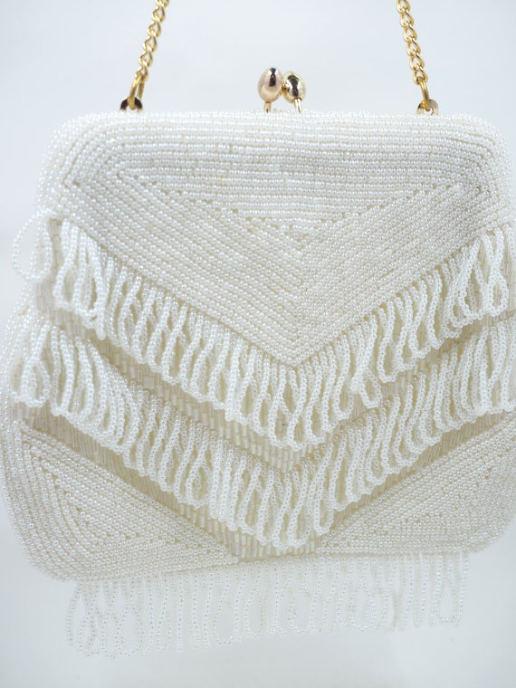 Vtg Japan IVORY White Hand Beaded/Unique Loop FRI… - image 9