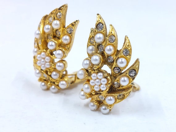 Lovely FLORENZA Pearl+Clear Rhinestone Gold Earri… - image 3