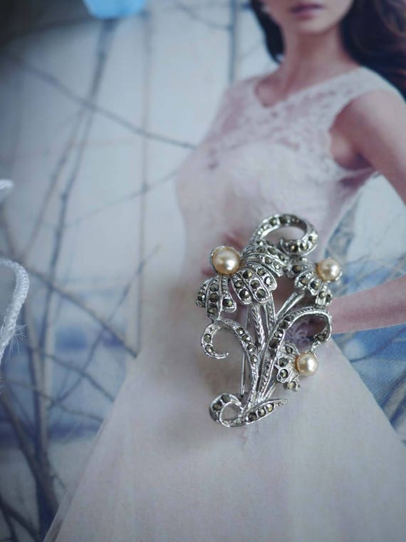 Sweet Champagne Pearl & Marcasite Flower Spray/Bo… - image 7