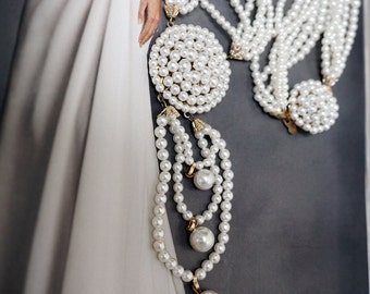 Elegant Medallion & Dangling White Faux Pearl Multi-Strand Necklace -Vintage, Signed Japan-Elegant Wedding Bride Daughter Prom gift