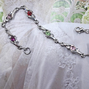Vintage Multi Colored Rhinestone Silver Link Tennis Bracelet: Blue-Pink-Green-Red-Lavender-Amethyst
