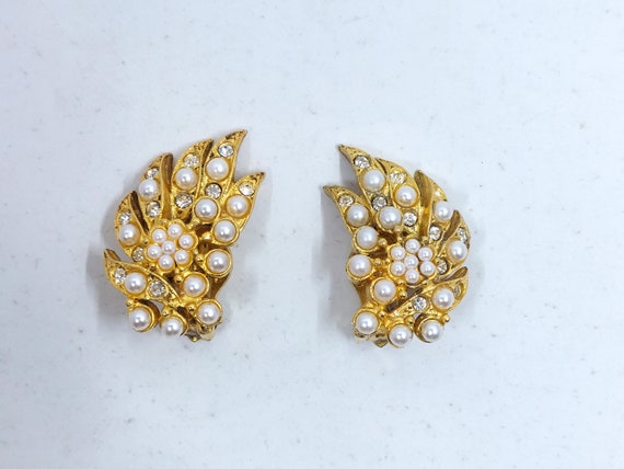 Lovely FLORENZA Pearl+Clear Rhinestone Gold Earri… - image 2