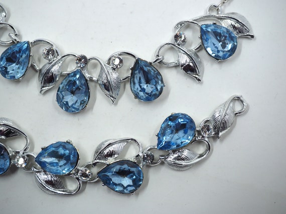 BOLD Sapphire Blue Rhinestone Silver Tone Leaf De… - image 4