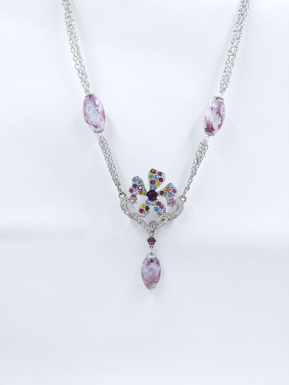 Vintage Rhinestone Flower Necklace: Purple Stone … - image 4