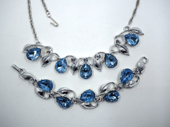 BOLD Sapphire Blue Rhinestone Silver Tone Leaf De… - image 8