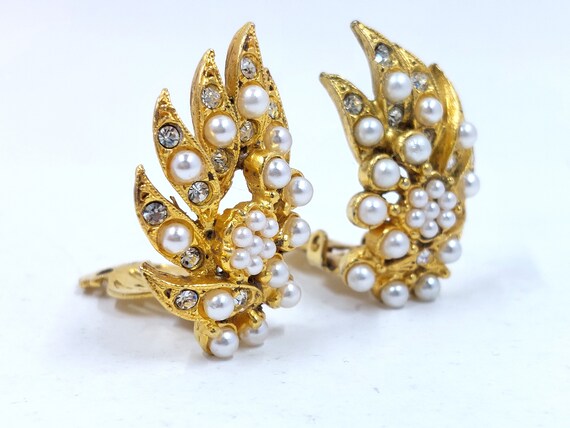 Lovely FLORENZA Pearl+Clear Rhinestone Gold Earri… - image 4