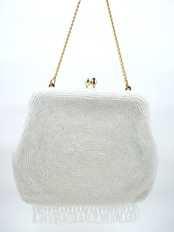 Vtg Japan IVORY White Hand Beaded/Unique Loop FRI… - image 2