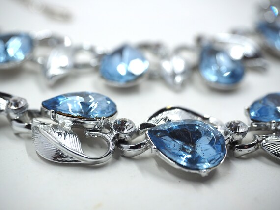BOLD Sapphire Blue Rhinestone Silver Tone Leaf De… - image 5