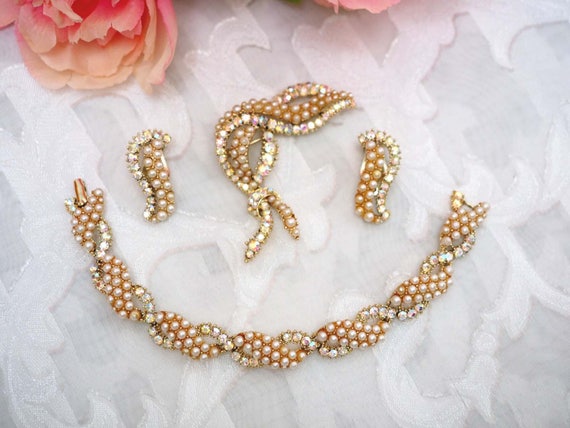 RARE Kramer NY Seed Pearl Parure w/Clear AB Rhine… - image 2