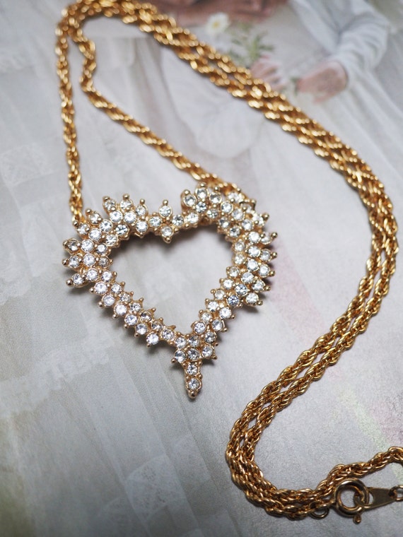 Romantic Gold Heart Necklace w/Asymmetrical Rows … - image 2