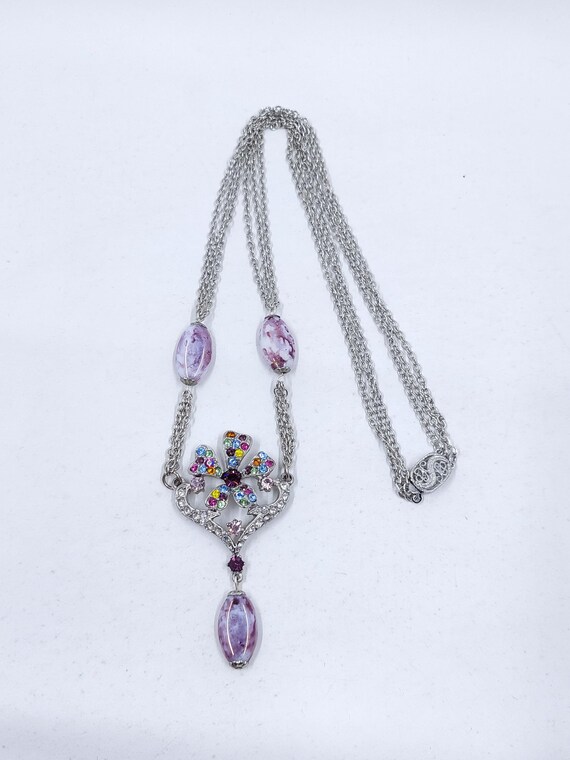 Vintage Rhinestone Flower Necklace: Purple Stone … - image 1