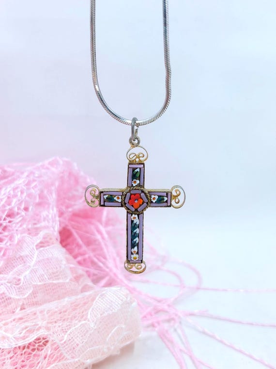 Millefiori CROSS Italian Hand Crafted Pendant Necklace: Florentine Micro Mosaic/ Sterling-Gold Filigree/Floral/16" Chain