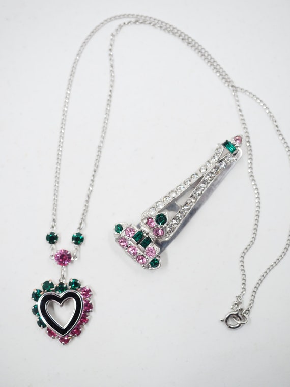 Chic Emerald & Pink Rhinestone Silver HEART Neckla