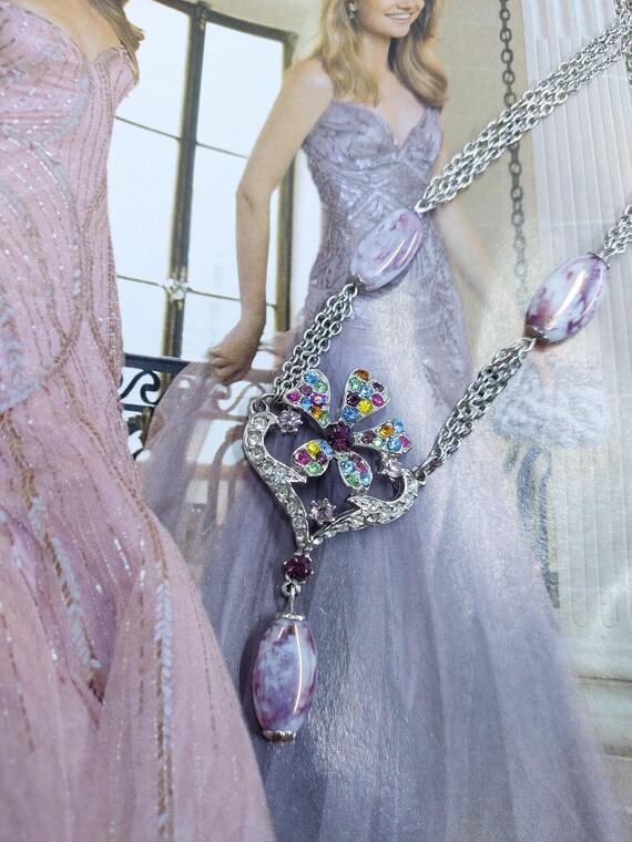 Vintage Rhinestone Flower Necklace: Purple Stone … - image 3