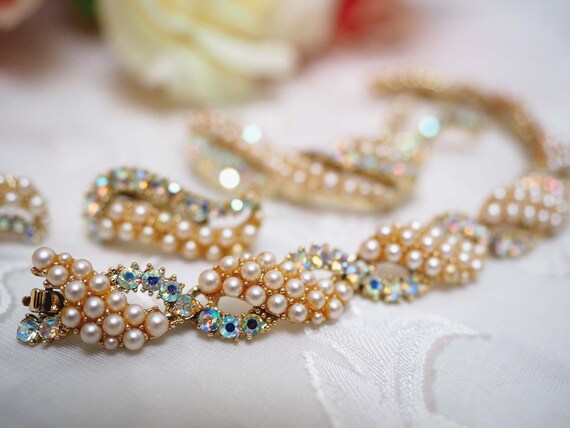 RARE Kramer NY Seed Pearl Parure w/Clear AB Rhine… - image 5