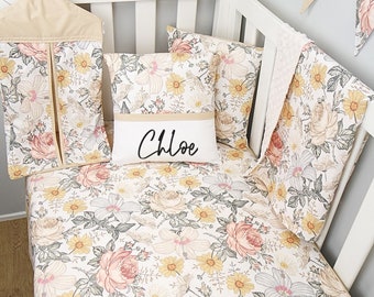 Vintage Floral Nursery, Floral crib cot set, Baby Girl nursery, Neutral floral nursery bedding, natural colour flower crib bedding, neutral