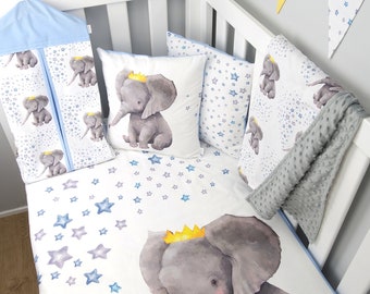 Blue Baby Crown Elephant Nursery set // Blue Star Elephant crib set