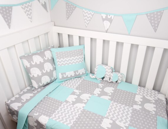 Colcha De Cuna Patchwork En Elefantes De Menta Y Gris Etsy