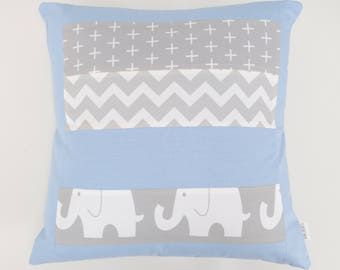 Blue and Grey Elephant patchwork cushion cover for Nursery or Lounge