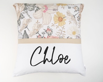 Vintage Floral personalised cushion cover, baby girl floral name pillow, floral nursery, neutral coloured, personalized flower pillow,