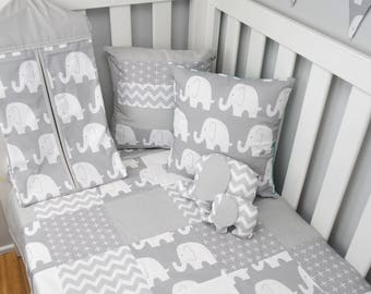 Patchwork cot quilt in Grey & White Elephants