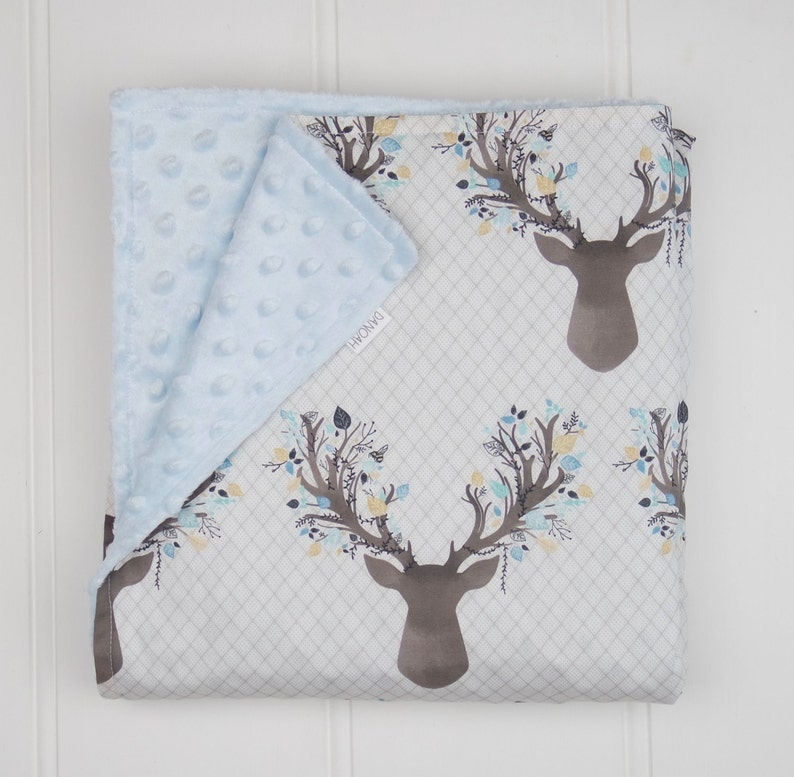 Baby Blanket With Blue Deer Head and Blue Minky Backing Etsy