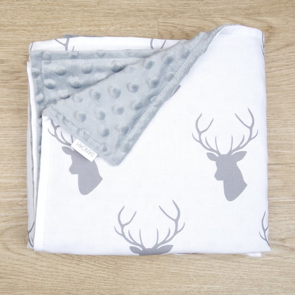 Grey and White Deer // Stag Baby Blanket with Minky Dot backing