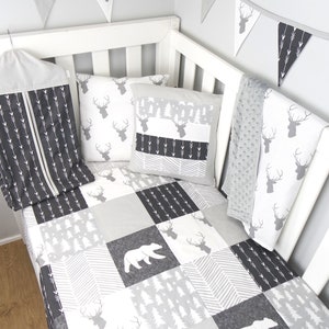 Patchwork cot quilt in Grey Woodland // Nursery Set // Woodland Nursery // Scandi Nursery