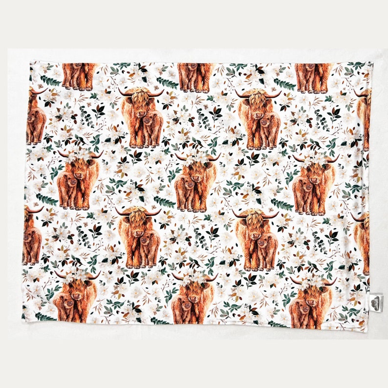 Highland Cow Personalised baby blanket, Minky Baby Blanket, Floral Cow, Newborn Gift, Baby Girl Personalized Cow Blanket, neutral colours image 5