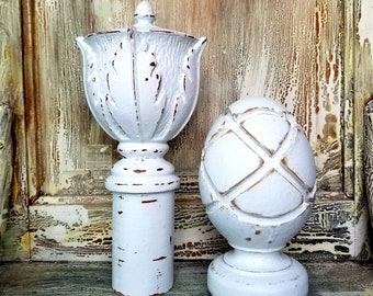 Vintage Finials, 2 Table Toppers, Rustic, Ornate Architectural Pieces, Painted White, Distressed, Shabby Chic Home Decor