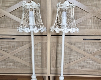 Vintage Accent Lamps, Set of Two White Table lamps with Chicken Wire Shades, Shabby Chic Décor