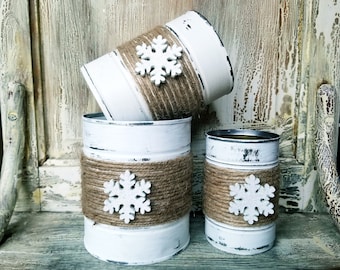 Vases, Set of Three Cans, Decorated with Jude and White Glittery Snowflake, Rustic Christmas Decor,