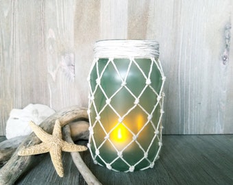 Mason Jar Lantern, Twine Wrapped Large Jars, Rustic Wedding, Hand Made Jar, Coastal Living Décor, Nautical Theme Made to Order