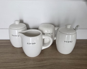 Vintage Pottery Barn Cream, Sugar, Sprinkle, Honey Coffee, Tea Set, Sugar Bowl with Spoon, Farmhouse Décor, White Serving Set