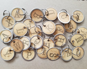 26 Coffee Stained Metal Rim Tags, Hand Stamped Alphabet Letters, Junk Journal, Ephemera, Jewelry Supplly