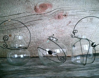 Glass Vases, Wired Vessels, Set of 3 Tiny Clear Glass Containers, Home Decor