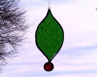Stained Glass Ornament, Vintage Christmas Decor, Green and Red Drop, Light Catcher