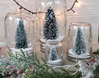 4 Mason Jars, Dry Snow Globe Jars With Artificial Tree and Snow, Great Christmas Table Centerpiece or Mantle/Shelf Décor